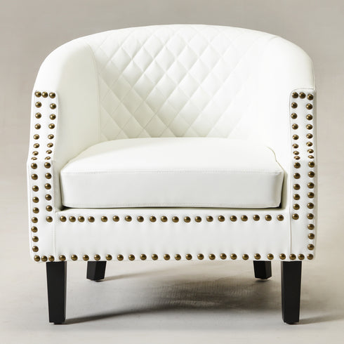 Louis Faux Leather Tufted Club Chair - White Accent Chair | Decorative Accent Chairs | Kinwell Furniture | Modern Club Chairs | Barrel Club Chair | Nailhead Trim Chair | Contemporary Faux Leather Chair | Elegant White Chair